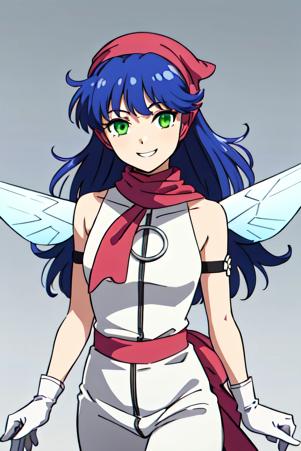 PIXIEDS, BLUE HAIR, WINGS, GLOVES, GREEN EYES, FAIRY, LONG HAIR, SCARF, DRESS, WHITE PANTS, WHITE FOOTWEAR, 1girl, solo, upper body, facing viewer, looking at viewer, smile.