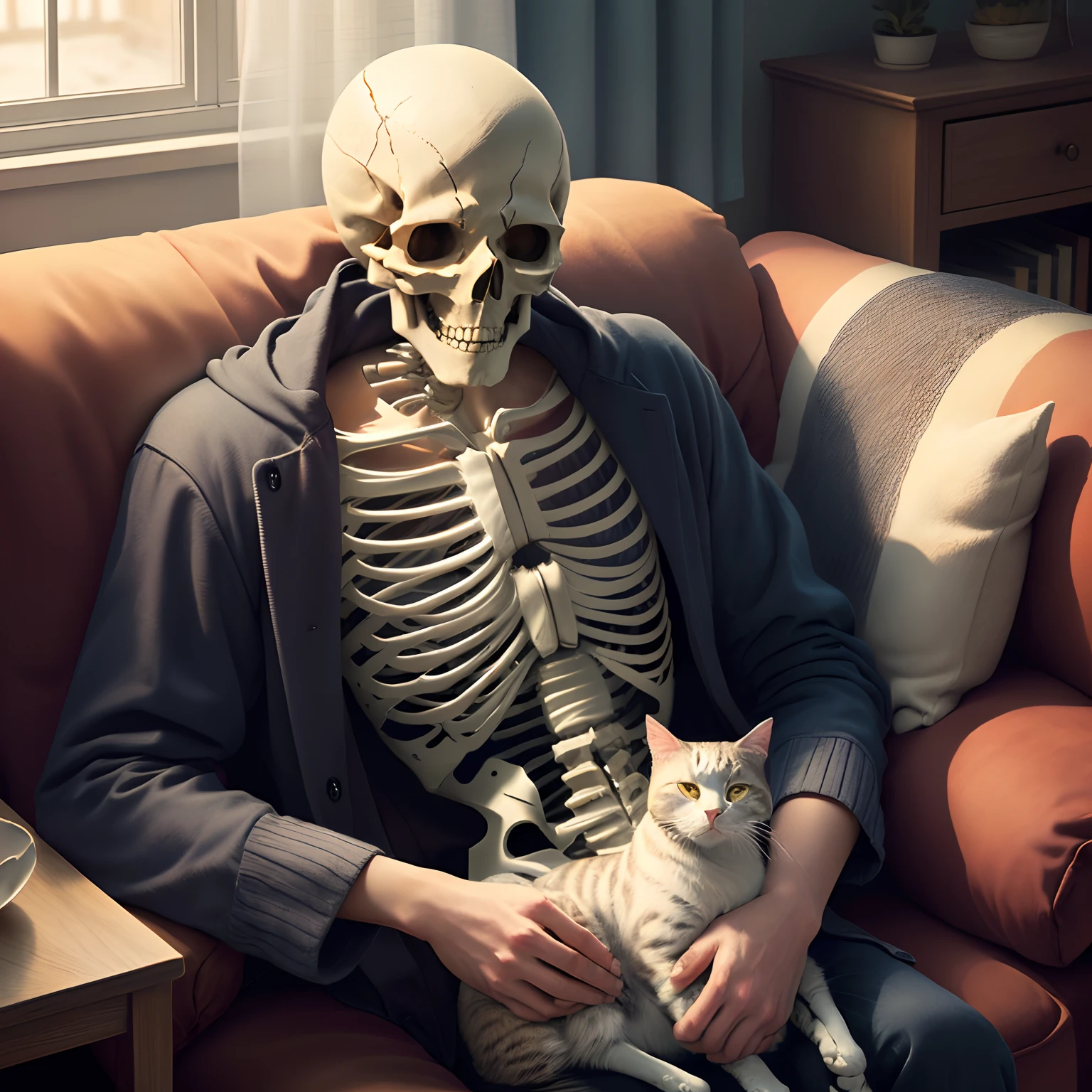 Depressed man skeleton skull on sofa with cat on lap