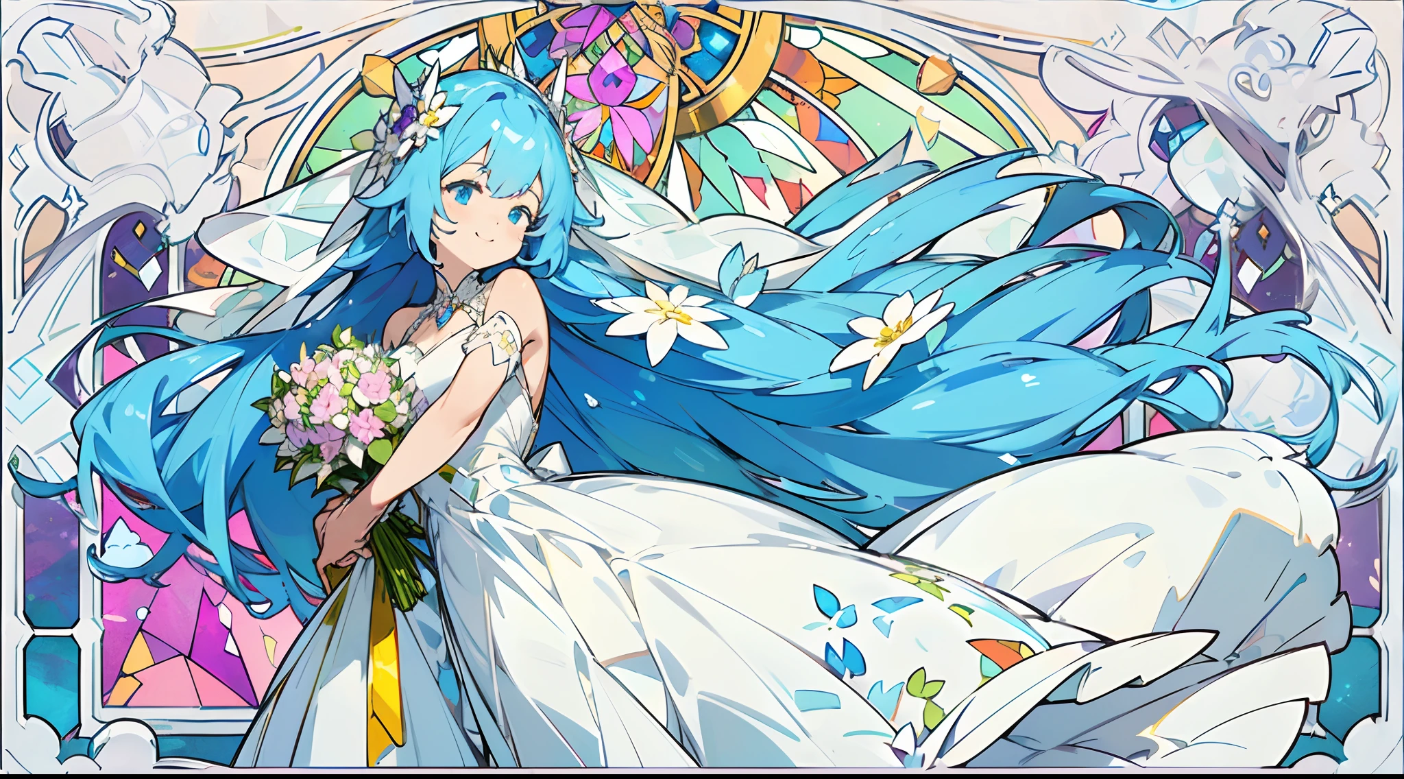 (The skin is not exposed, weddingdress), (Solo), Very cute girl (1), Colorful flowers on grape background, Large stained glass windows、sunlight shining through, ((Shiny blue super long hair,  Tied hair )), (Super smile), Dynamism, (Blue eyes),  (Detail Objects)