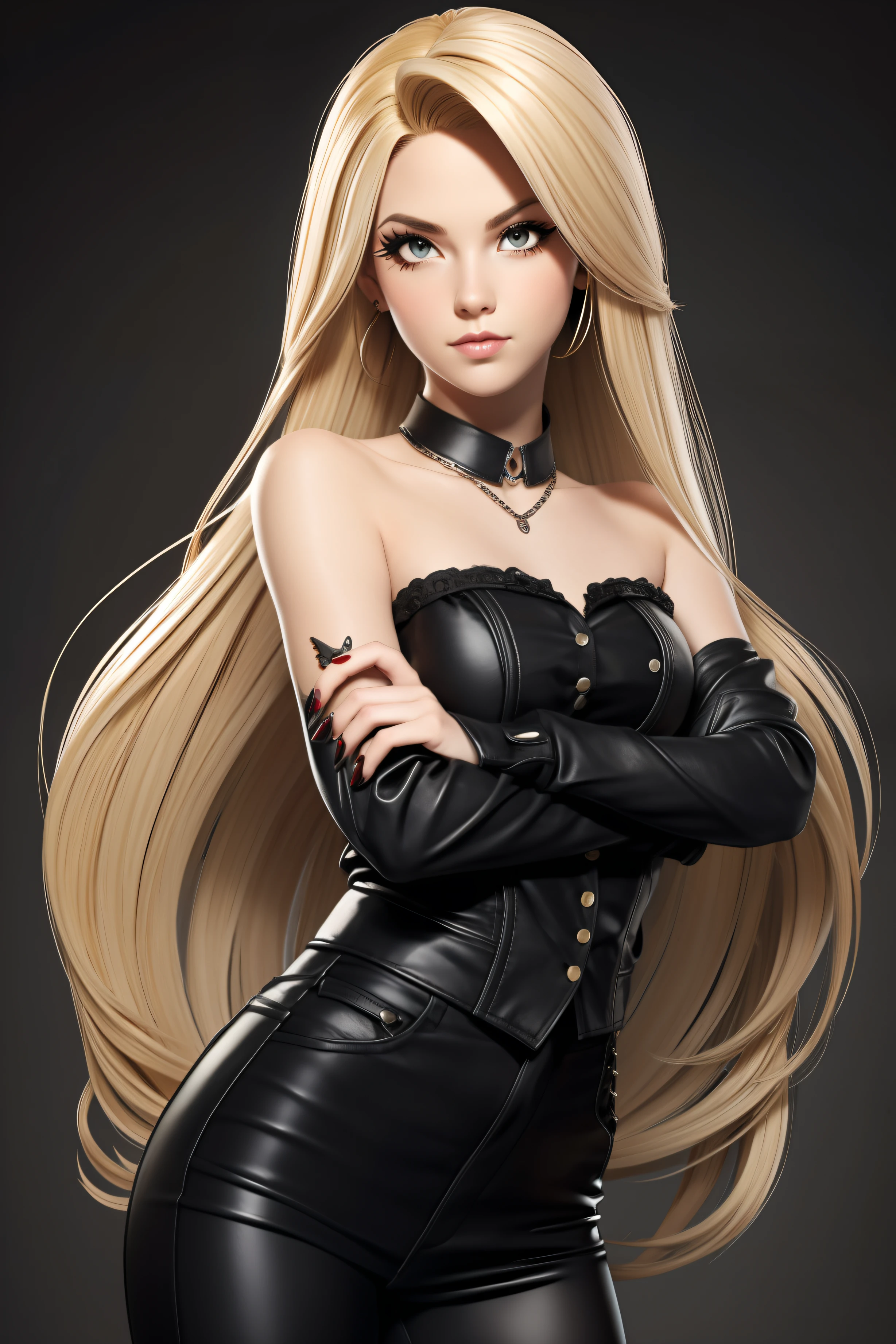 Blonde long hair Emo Pin up Girl, Black Faux, Striking a pose, skinny