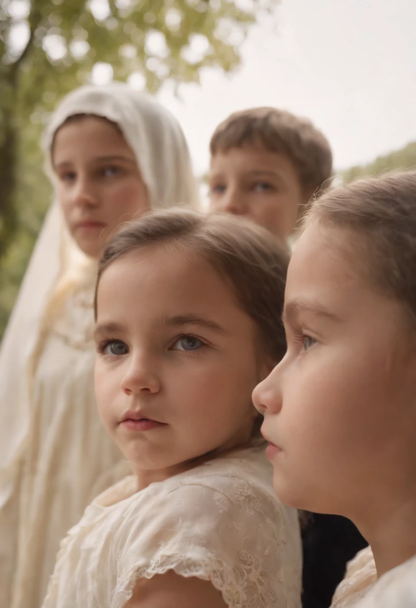 Create a realistic image of the 3 shepherd children who saw Our Lady of Fatima. 2 girls and 1 boy. Perfect image. Ultra Realistic. Beautiful Children. Expressive Eyes