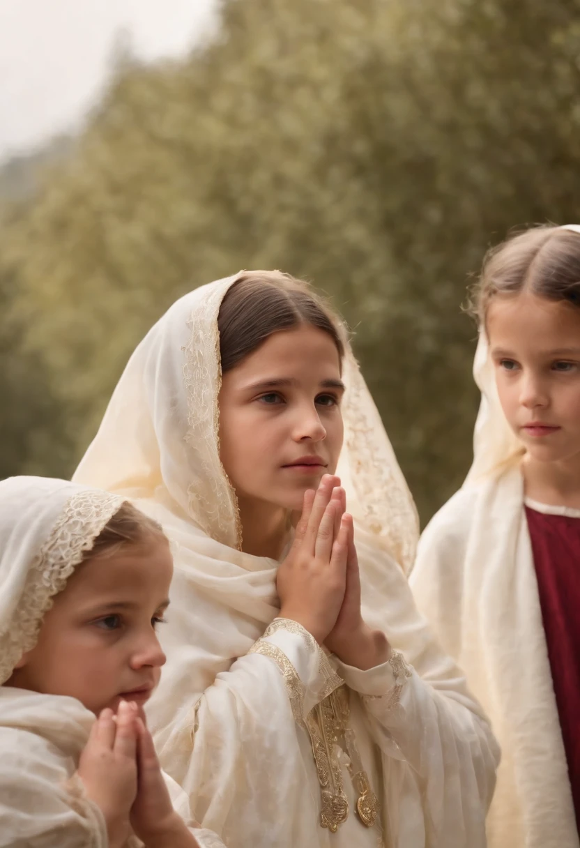 Three children looking at the Virgin of Fatima. The picture should show the children and the virgin.