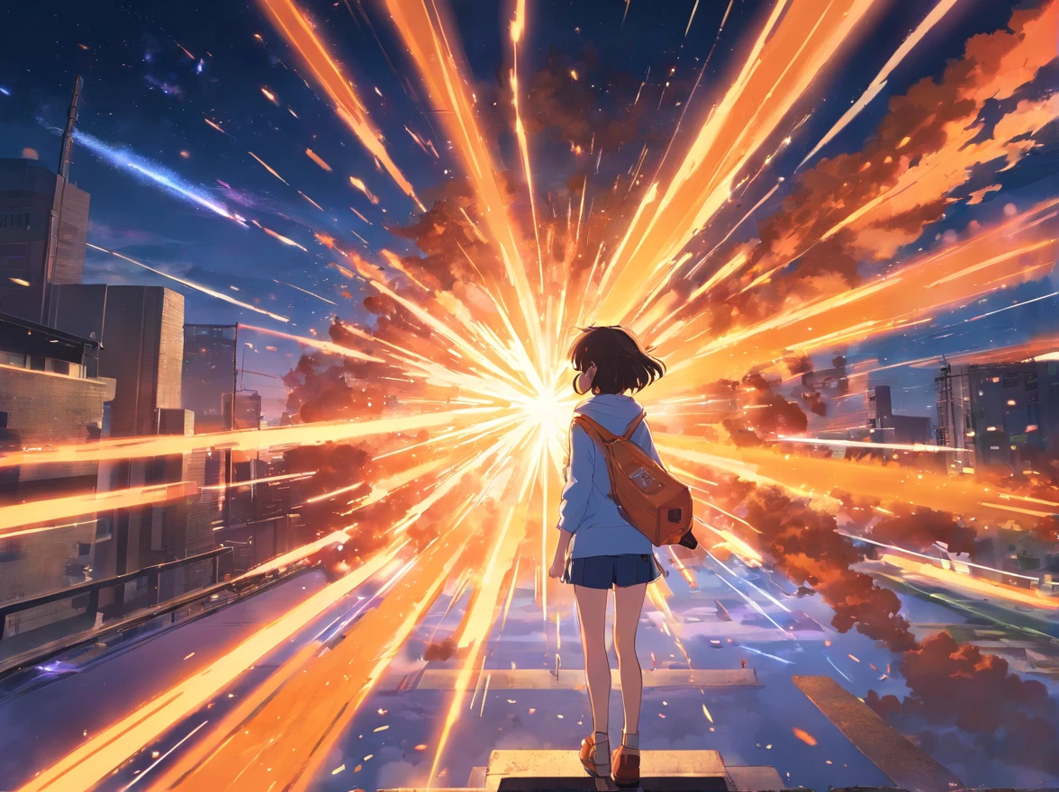 Supernova explosion,Orange main color,Huge cross-rays,Extremely strong color impact,Darker dominant tones,Extremely strong contrast