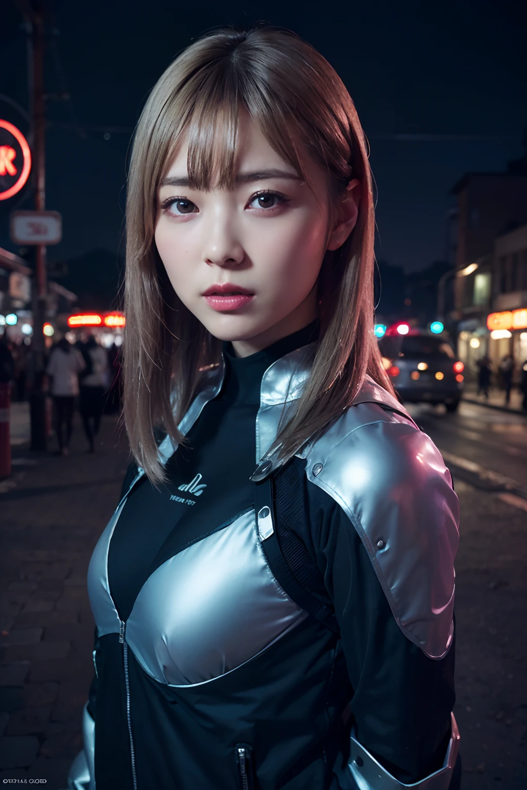 ((masutepiece)), ((Best Quality)), (Ultra-detailed), ((Extremely detailed)), 4K, (8K), Best Quality, (Beautiful), Gradation, One Woman,Robot Suit Suit Suit,Cute face,Big eyes,Cool Face,bobhair,Beautiful silver hair,Looking at Viewer,plein air,Night,Ruins,Neon Town,neon light,masutepiece, extremely fine and beautiful,Photorealistic,Japanese