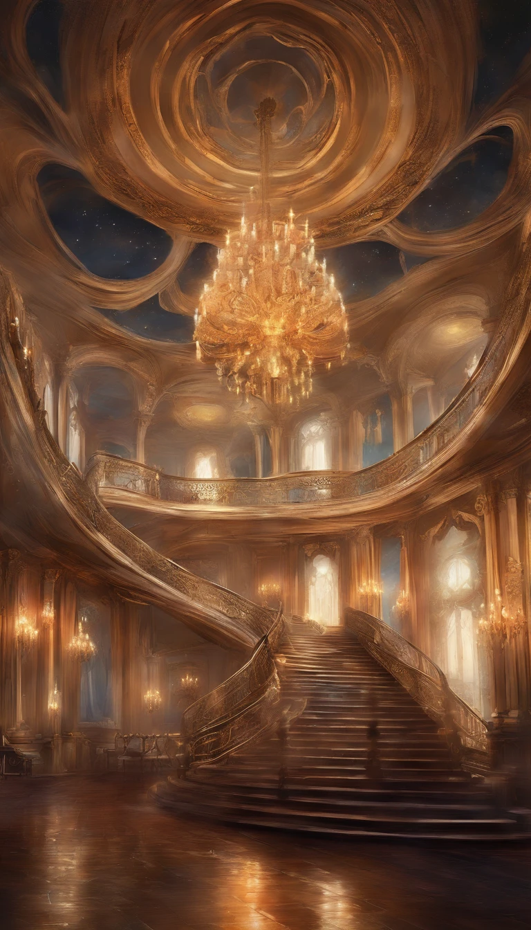 A regal ball room with spiraling staircase and chandeliers hanging from the ceiling. There is an open floor. There are people dancing waltz