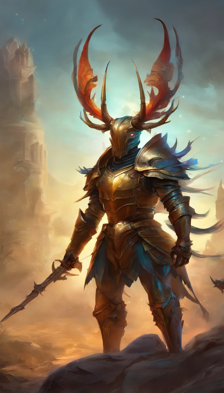 A painting of a man in armor with a horned head and a sword - SeaArt AI