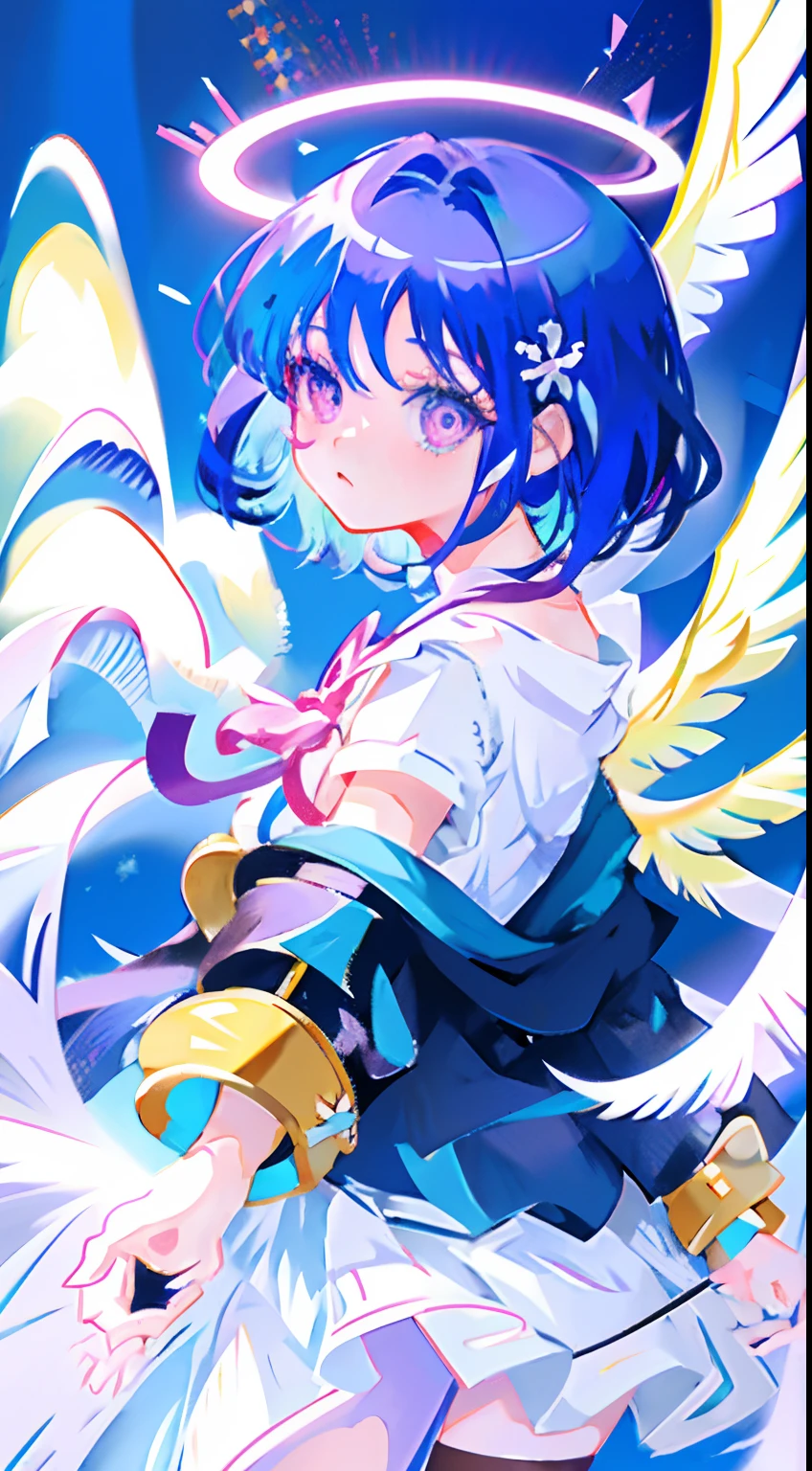 anime character girl with two-color eyes: blue and green, purple hair, cute angel halo on top head, angel wings, madoka Magica, magic girl, girl, cute face, cute clothes, moe anime style