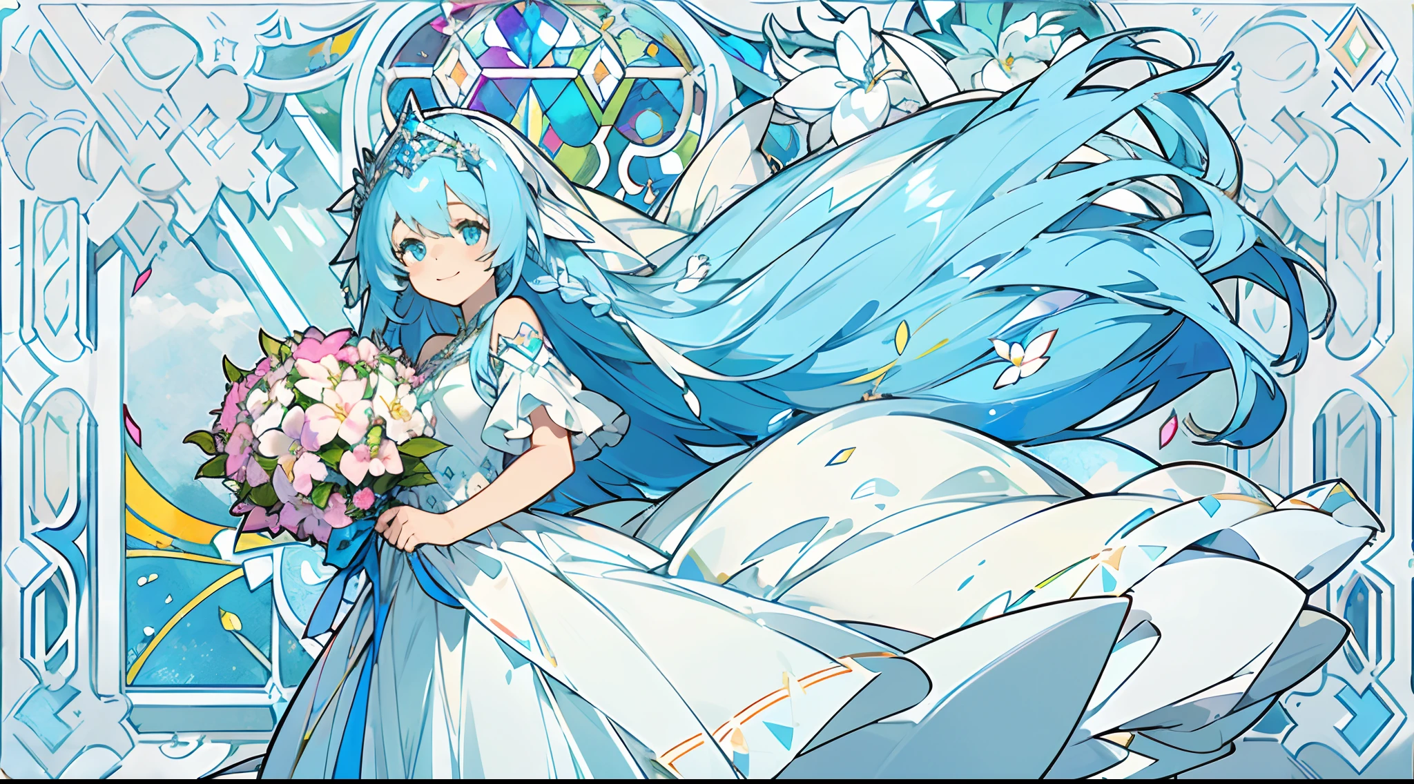 (The skin is not exposed, weddingdress), (Solo), Very cute girl (1), Colorful flowers on background, Large stained glass windows、sunlight shining through, ((Shiny blue super long hair, Tied hair )), (Super smile), Dynamism, (Blue eyes), (Detail Objects)