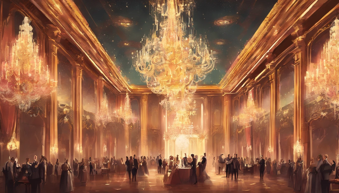 A regal ball room with high chandeliers hanging from the ceiling. There is an open floor. There are people dancing waltz and a banquet. There is music playing.