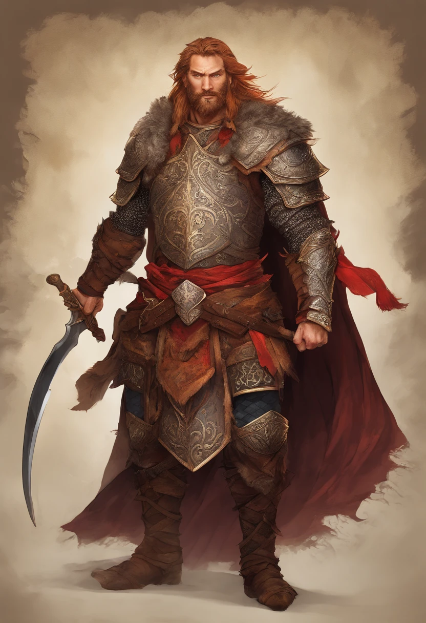 (wild boar themed Cuirass:1.1) Tall savage warrior man, detailed cuirass, old engraved leather Cuirass, intricate designs on the Cuirass, intricate Cuirass engravings, imposing and powerful stance, fierce expression, red wild mane braided hair and beard, dynamic pose, intense battle scene, fantasy setting, vibrant colors, dramatic lighting, epic atmosphere, mythical creatures in the background, sword and viking shield, attention to anatomy and facial features, iconic use of highlights and shadows, capturing emotion, masterful composition