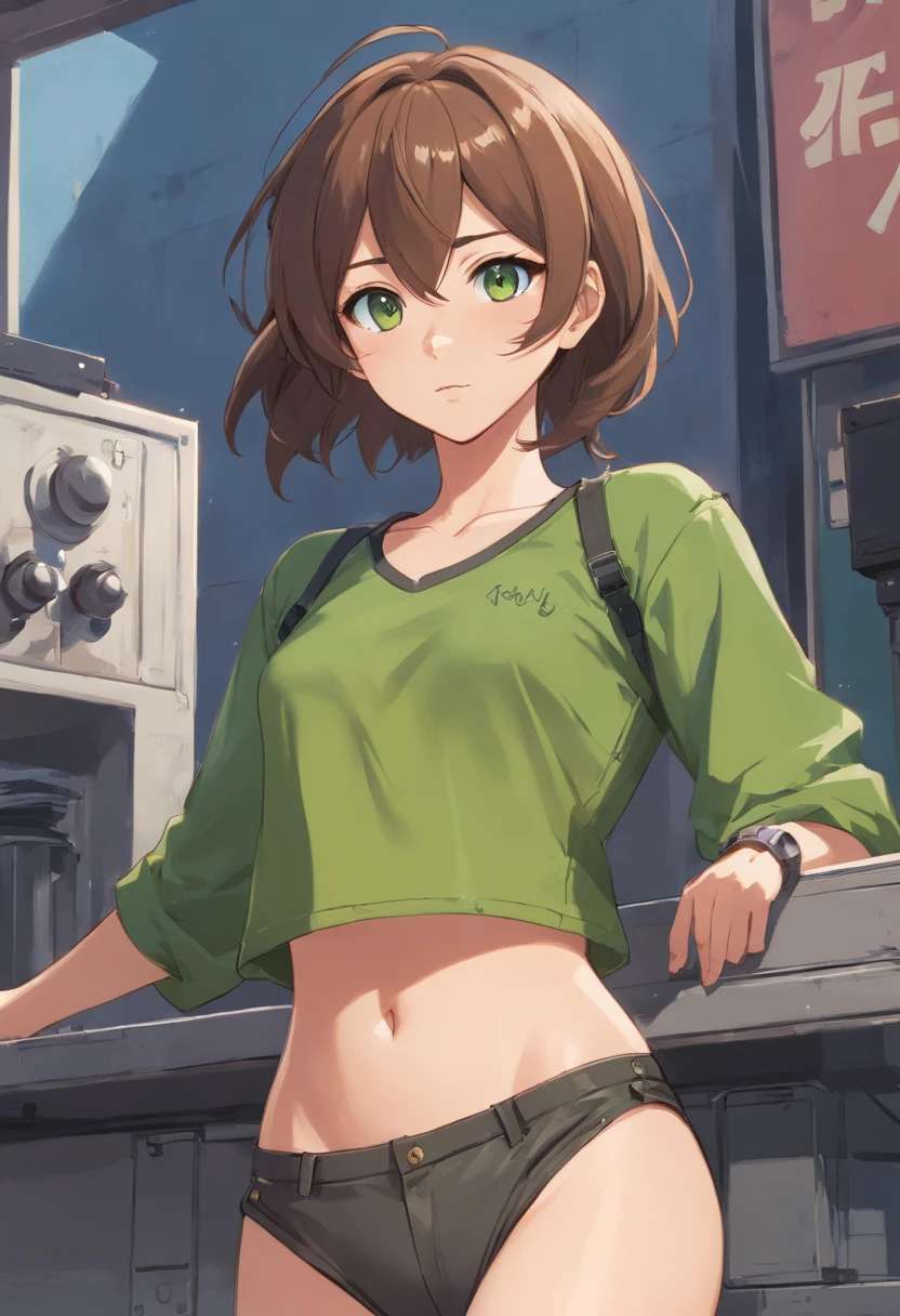 adult male-to-female crossdresser, feminine but no boobs, flat chest, hazel-green eyes, wavy brown hair, provocative, black crop top, high waisted cargo pants, combat boots, ear piercing, belly button piercing, realistic anime style, kinky atmosphere