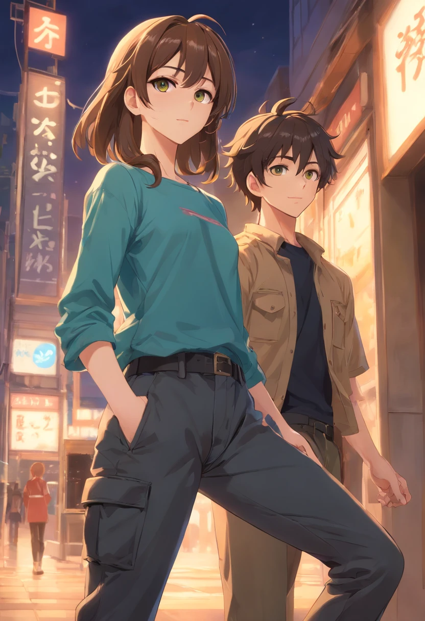 adult male-to-female crossdresser, feminine but no boobs, flat chest, hazel-green eyes, wavy brown hair, provocative, black crop top, high waisted cargo pants, combat boots, ear piercing, belly button piercing, realistic anime style, kinky atmosphere