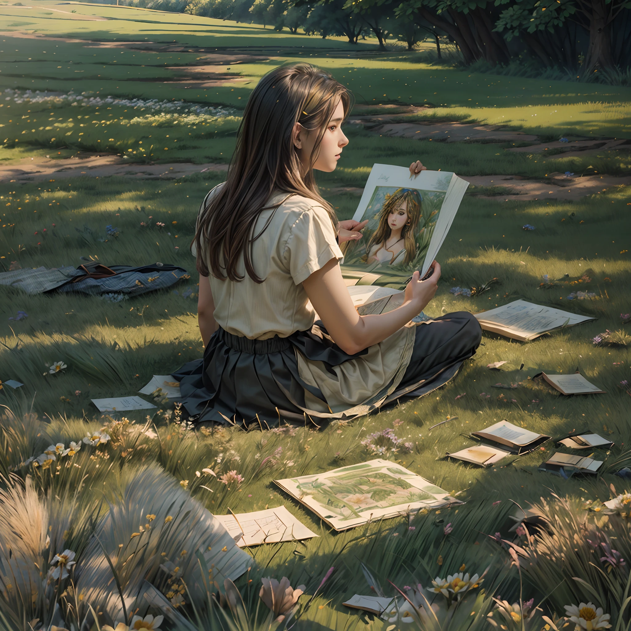 A woman artist making drawings, sitting in a lawn, facing against the camera, photo taken from behind, angle above, morning sunlight, very detailed illustration, many paintings of her are lying on the ground here and there, ((( intricate details on grasses and flowers)))