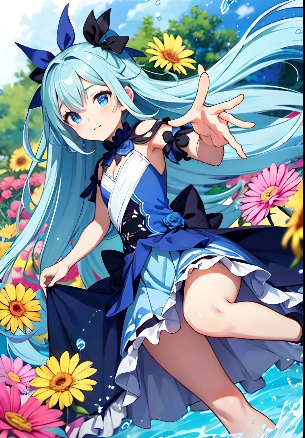 obra-prima, Melhor_qualidade, Aqua do anime KonoSuba, sozinho, olhos azuis:1.5|olhos azuis:1.1,(cabelo azul 1.2|cabelo azul claro), soft hazelnut eyes, flowing wavy hair, meias de tornozelo, olhando para o espectador, meias brancas, ballet shoes, Vestido de sol pastel, corpo inteiro, jardim de vagalumes, surrounded by fluttering fireflies, Full Moon Through the Leaves, serene expression, inverno, hands crossed