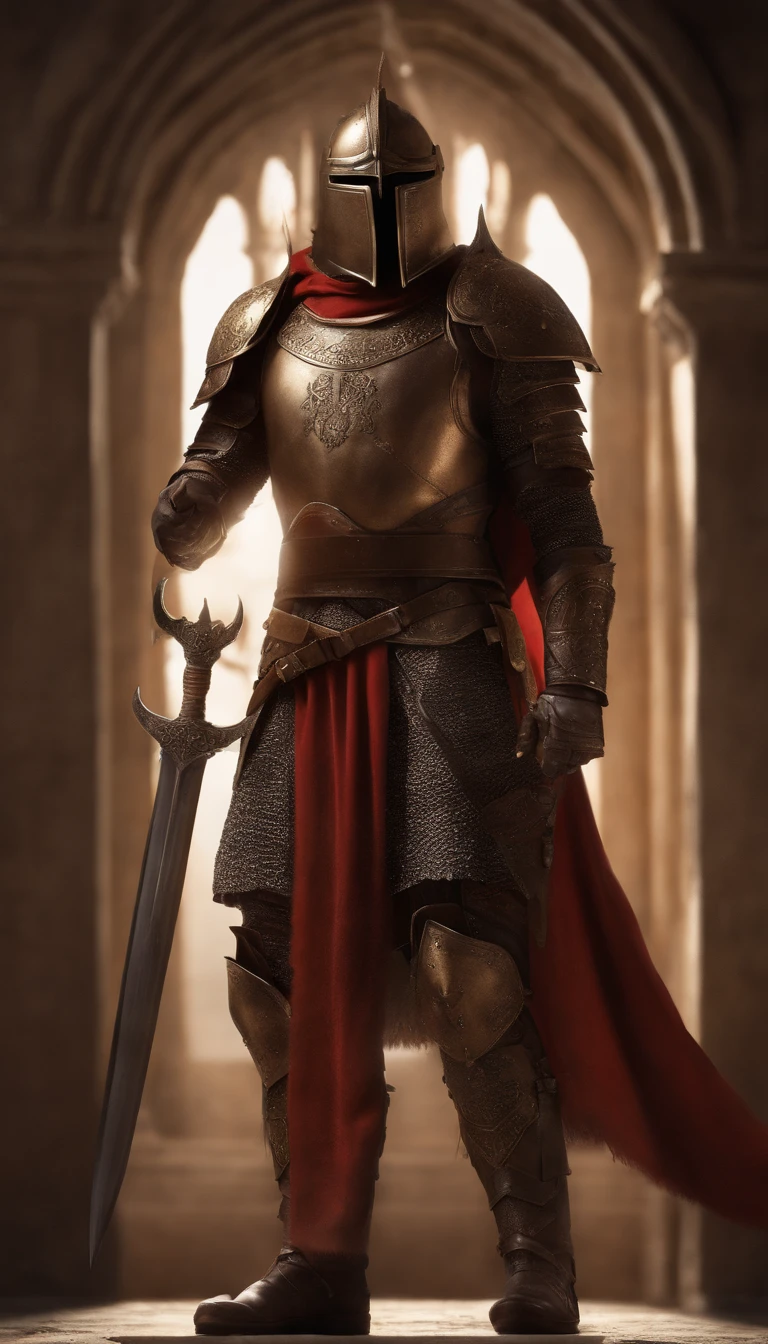 (La mejor calidad,4k,8k,A high resolution,obra maestra:1.2),ultra detallado,(realista,fotorrealista,fotorrealista:1.37),A small, demon-armored warrior wielding a sword was standing in the hallway, Retrato de cuerpo entero del misterioso caballero, Usando armadura pesada,A Holy Warrior Wielding a Legendary Sword, Mythic Warriors in Armor, Una caballero dorado con armadura divina, The helmet is decorated with devil horns, Los ojos brillan de color rojo sangre, Arte conceptual para figuras gloriosas, Crimson Armor, Epic Paladin Armor, Kneel on one knee, Cuchillas incrustadas en la tierra, submission, toma de cuerpo completo.