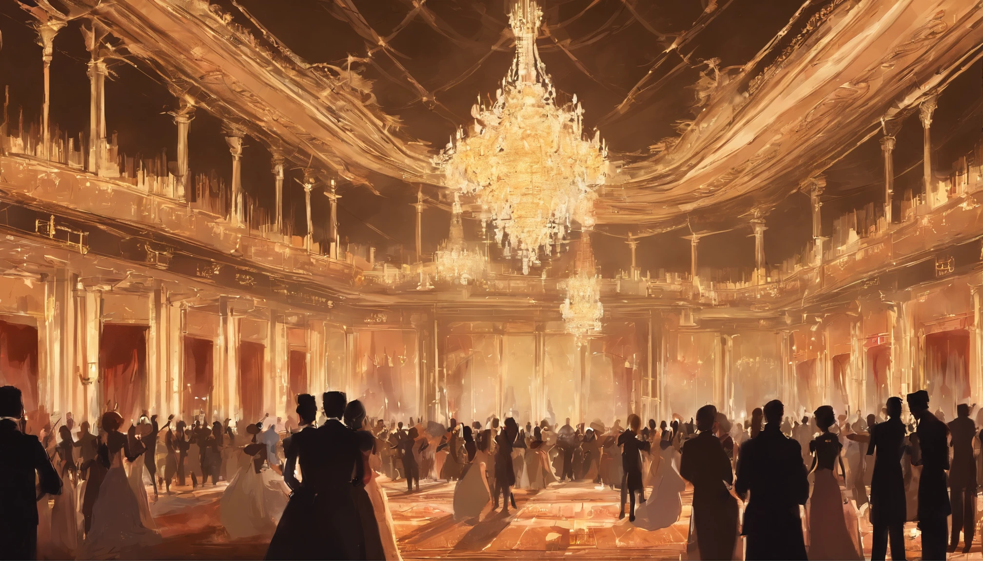 A regal ball room with high chandeliers hanging from the ceiling. There is an open floor. There are people dancing waltz and a banquet. There is music playing.