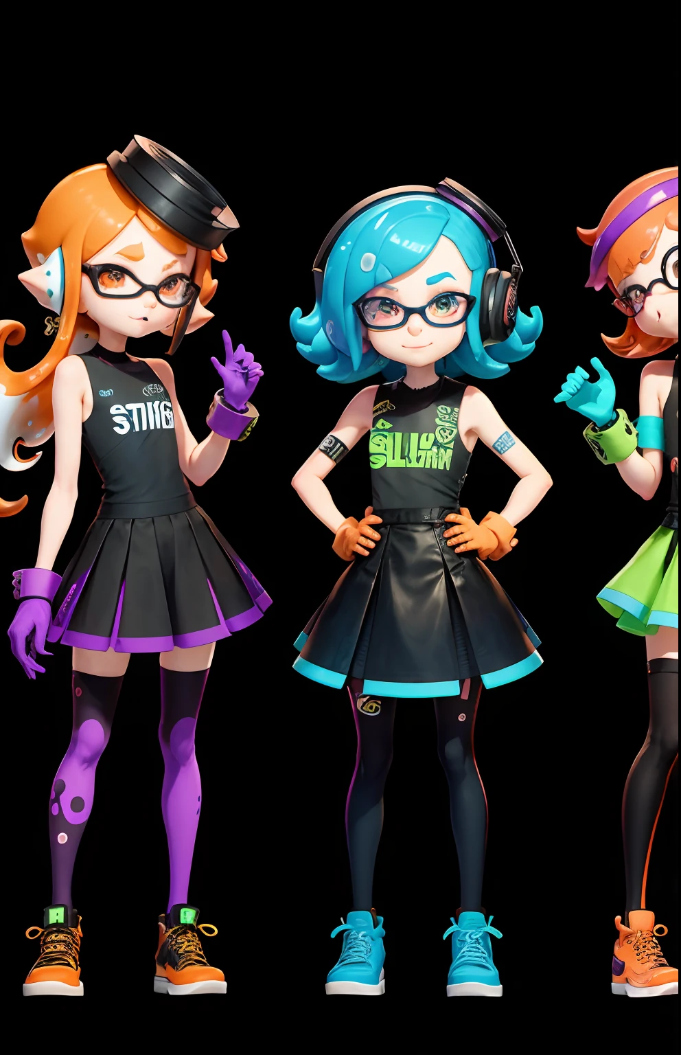 A new Splatoon idol group, two inklings with orange highlights and one octoling with blue highlights, Splatoon styled, only three, doing an interview.
