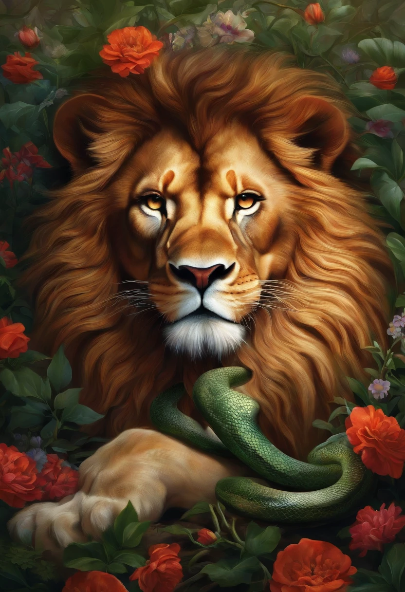 A Lion, a snake and flowers and thorns, a beautiful and detailed picture