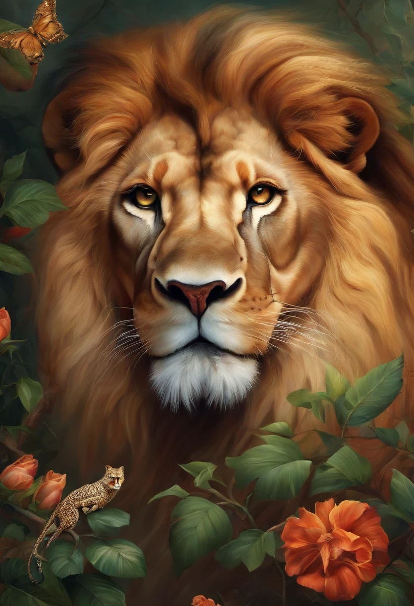 A Lion, a snake and flowers and thorns, a beautiful and detailed picture