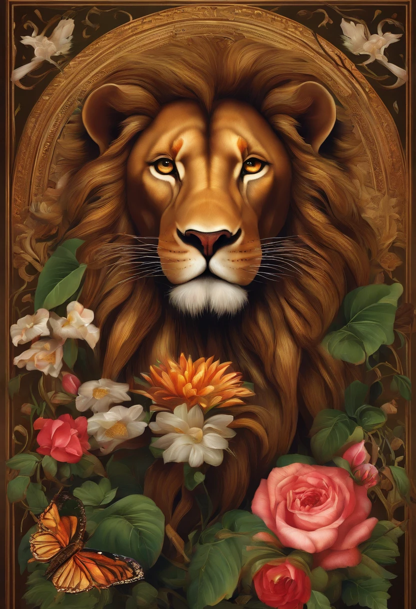 A Lion, a snake and flowers and thorns, a beautiful and detailed picture