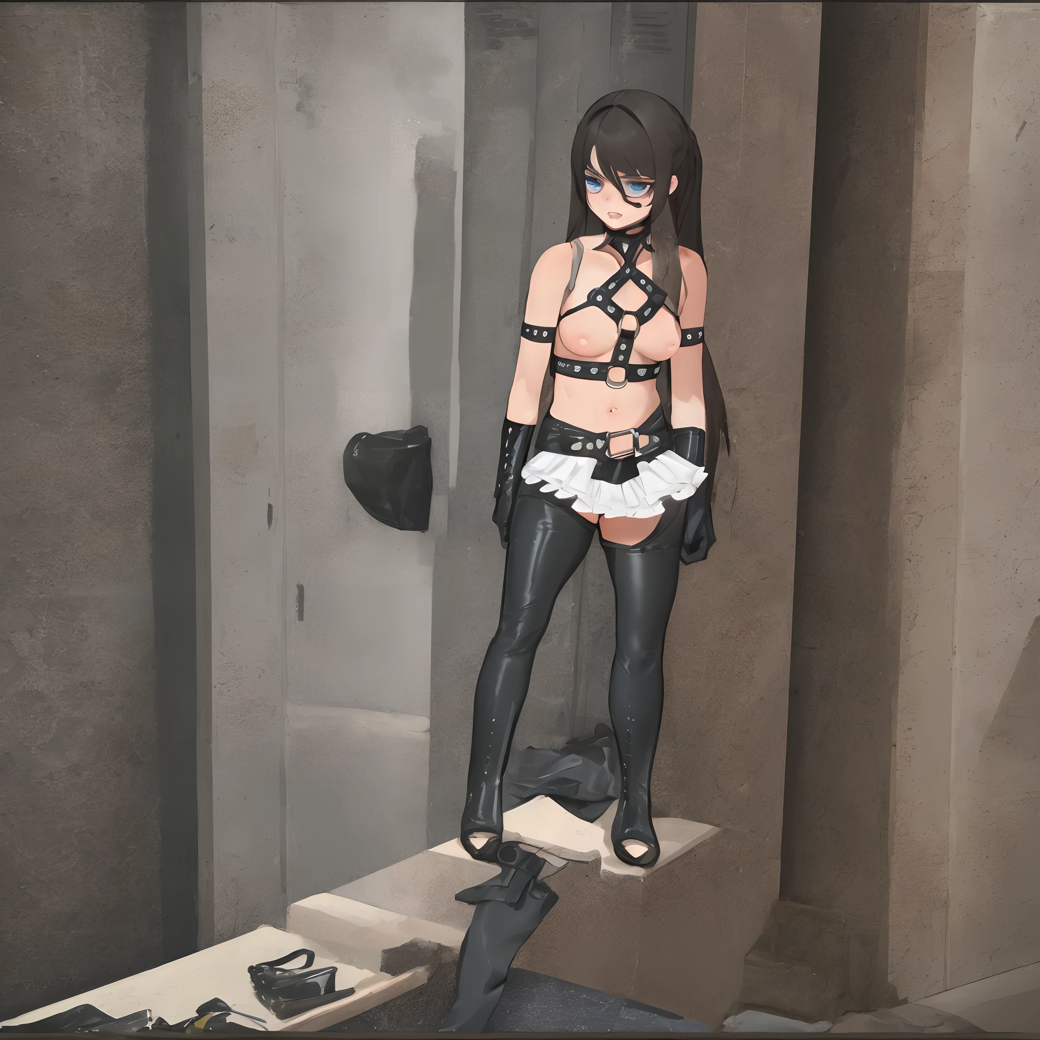 best quality, masterpiece, ultra-detailed, Van pose, bondage outfit, 1 girl, solo, latex, small breasts