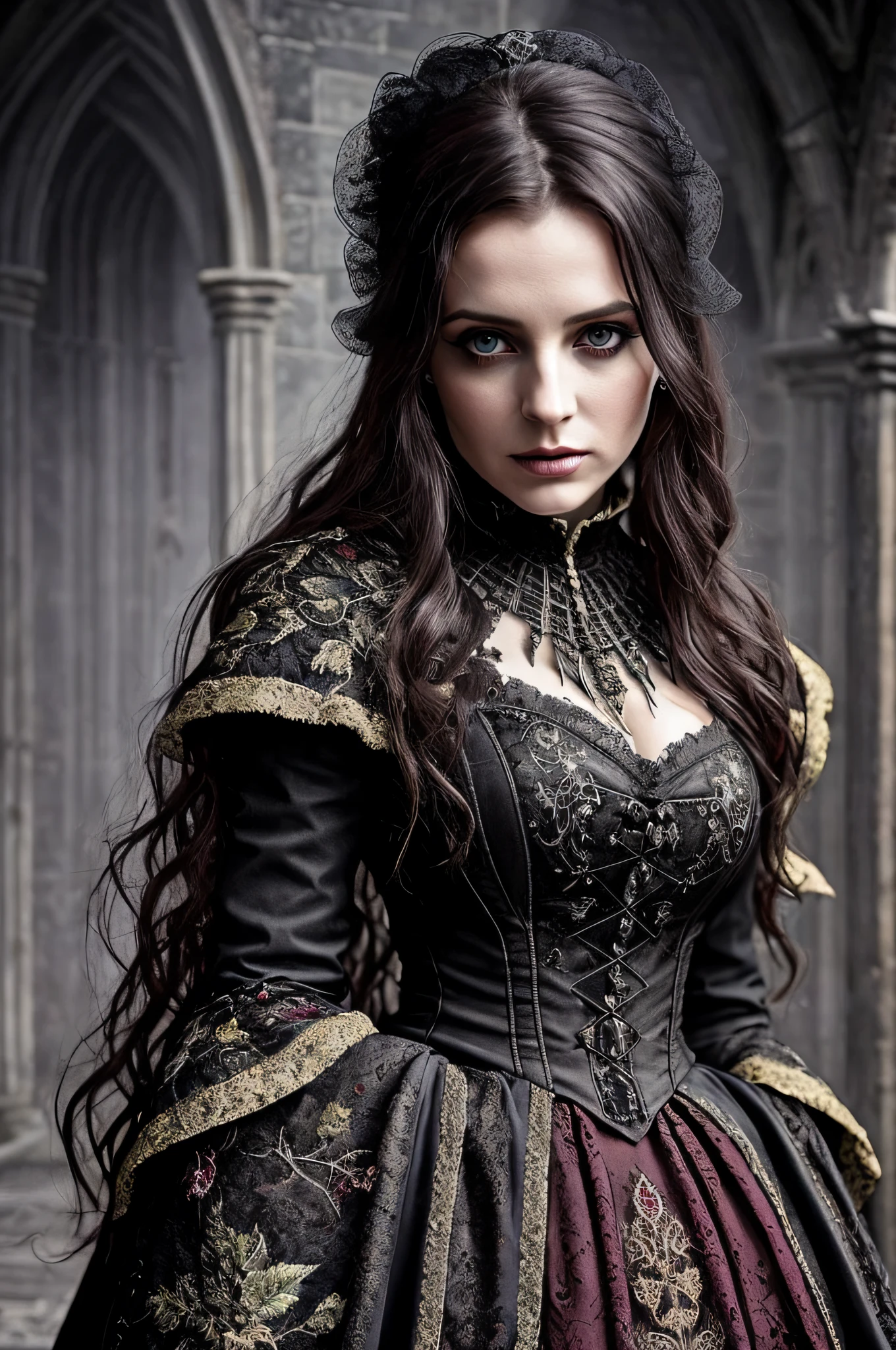 (masterpiece:1.3), (8K、photorealistic, Raw photo, best quality:1.4), (monochrome, Sepia tone, Scratching of the film), (Englishman), (decadent, mysterious, heretical), (gothic rock), (subculture), (gothic fashion), (gothic literature), (Frankenstein), (vampire), (Gothic ta), (gothic architecture), (christian architecture), (Symmetrical design), (ホールの中央でFrankensteinが立ち上がる:1.2), (decadent, mysterious, heretical), sharp focus, contrast lighting, high resolution 8k, crazy details, realistic, professional photography, 8k UHD, Single-lens reflex camera, soft light , high quality, film grain, Fujifilm XT3