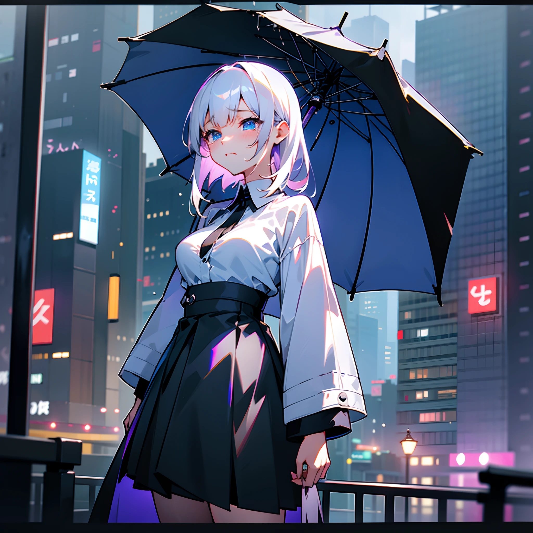 Rainy nights、An urban area lined with buildings、Late Night Tokyo、Standing Girl、Black coat、white t-shirts、a black skirt、White lob hair with blue-violet mesh、Blue eyes with highlights、Crying、B cup breasts、Beautiful illustration