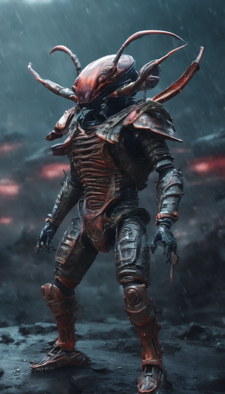 stag beetle with armor already for war battle stands 300 warriors in battle background misty raining cloudy