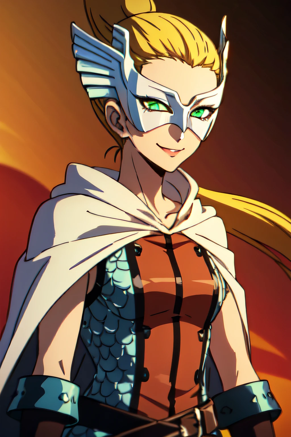 VALKYRIESMT, BLONDE HAIR, MASK, GLOVES, CAPE, LONG HAIR, ARMOR, GREEN EYES, 1girl, solo, upper body, facing viewer, looking at viewer, smile.