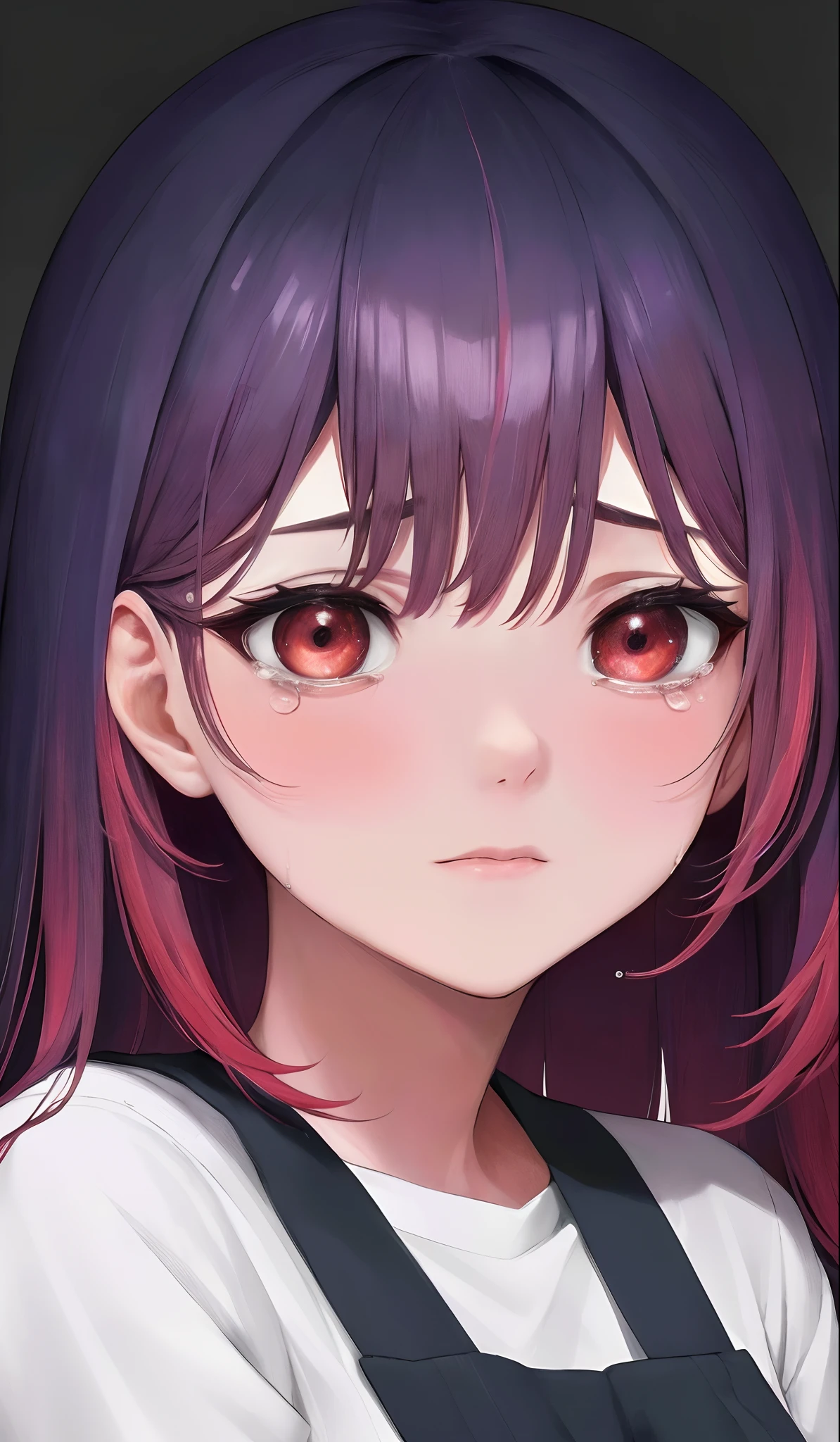 (higher resolution, imagen_distinta) La mejor calidad, la obra maestra de una mujer, muy detallados, semi realista, cabello rojo ,ojos brillantes pupilas circulares ,(la mayor parte del cuerpo), llorando,with tears, abrazodos, llorando, triste, (fondo pastel oscuro),con sus manos al frente de su rostro, resando llorando, looking at the viewer like this, cabello largo, tapando su rostro llorando, solitaria, gritando, gritando,