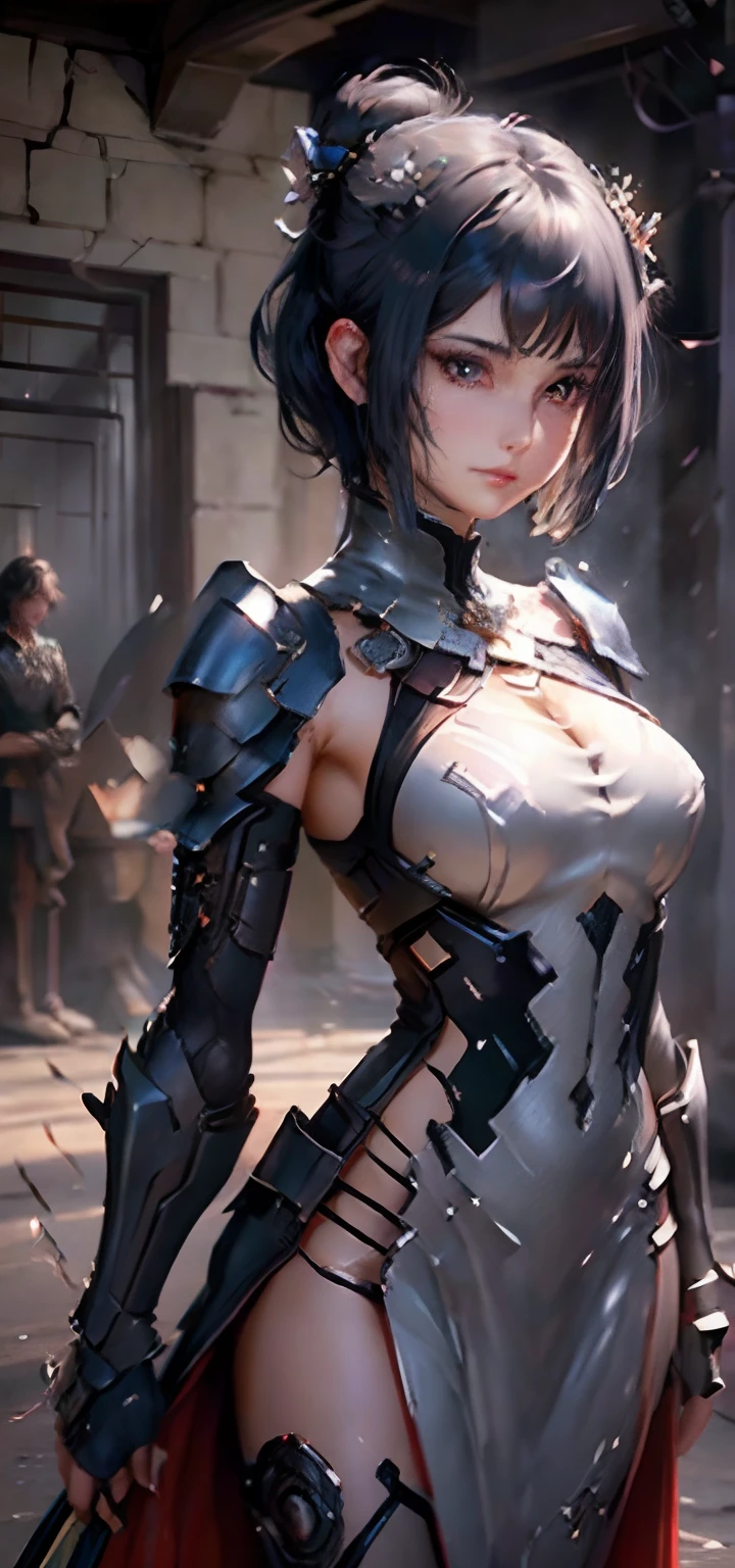 (( (tmasterpiece)，（Very detailed CG Unity 8K wallpaper），best qualtiy，cinmatic lighting，细致背景，beatiful detailed eyes，Bright pupils，（Very fine and beautiful），（Beautiful and detailed eyes description），ultra - detailed，tmasterpiece，hight resolution)), Curly,  Richly decorated armor, a beautiful woman warrior, (a pixie cut:1.4, A dark-haired), cleavage of the breast