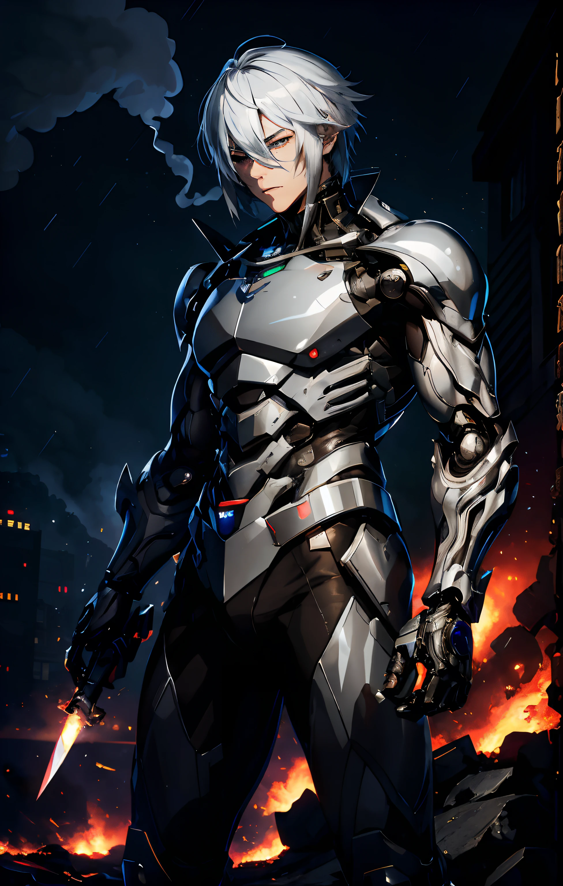 (Best quality,4K,8K,A high resolution,Masterpiece:1.2),Ultra-detailed,On the battlefield,male anime character,Single male character,White trench coat,Black jeans,Silvery hair,Silver short bob hair,(Full body mechanical armor),Black and white pupils,Left-handed robotic arm,Holding a sword,lighting, Realistic lighting, Radio City,Particle rain,Realistic particles,Fighting posture,The power of destruction is under his control, attack pose, Scenery destroyed by smoke and fire,cyberpunk backgrouns