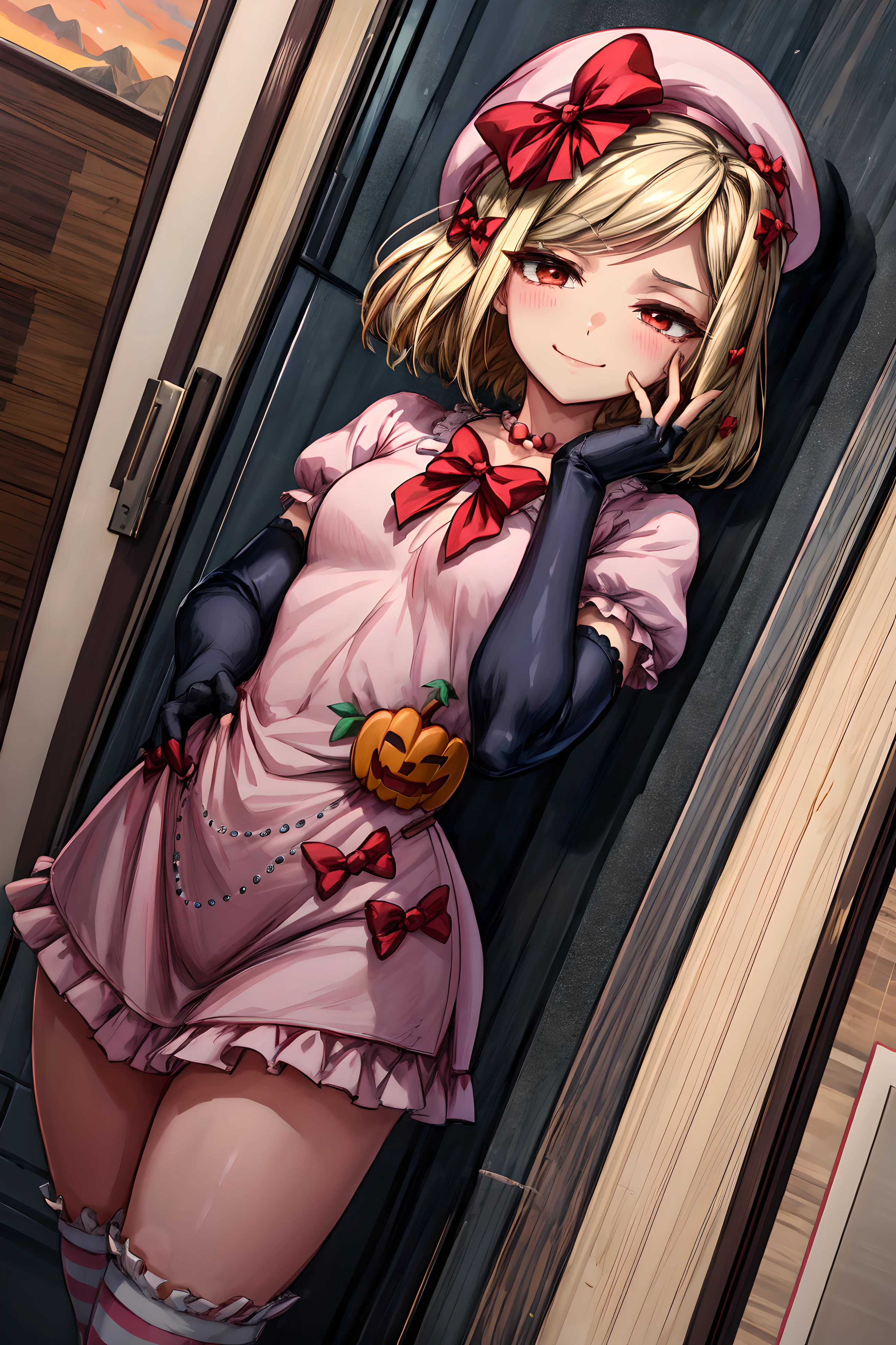 (masterpiece),(best quality), (lambdadelta) ,dress, striped stockings, red bow, pink hat, necklace, gloves, pearl, pumpkin brooch, crazy face, upper body, persistent stare, mountains, forest, looking at the viewer, red sky, yandere trance, yandere, hands on own face,hands on own cheeks, blank eyes, blush, large smile, yandere smile,