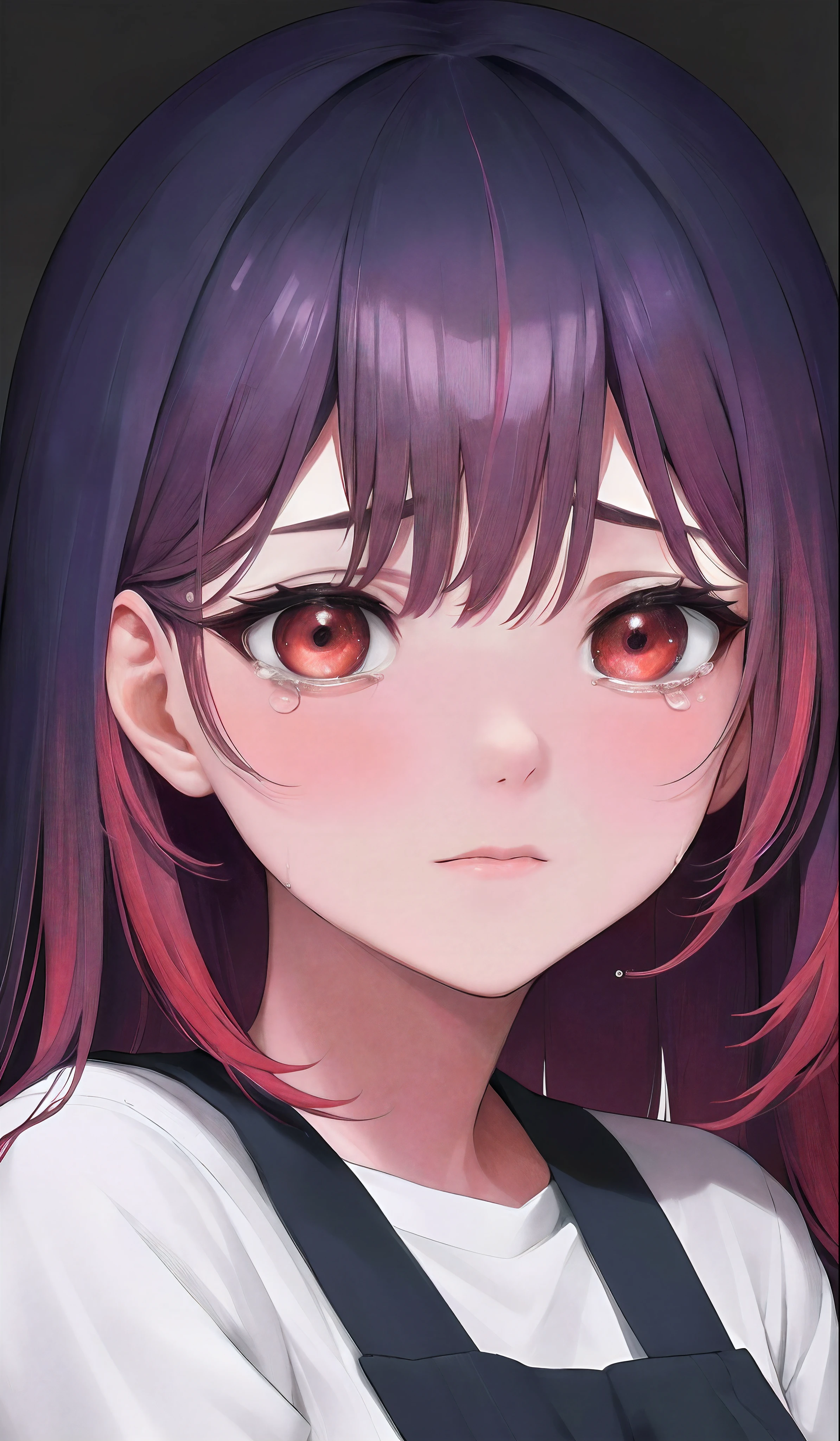 (higher resolution, imagen_distinta) La mejor calidad, la obra maestra de una mujer, muy detallados, semi realista, cabello rojo ,ojos brillantes pupilas circulares ,(la mayor parte del cuerpo), llorando,with tears, abrazodos, llorando, triste, (fondo pastel oscuro),con sus manos al frente de su rostro, resando llorando, looking at the viewer like this, cabello largo, tapando su rostro llorando, solitaria, gritando, gritando,