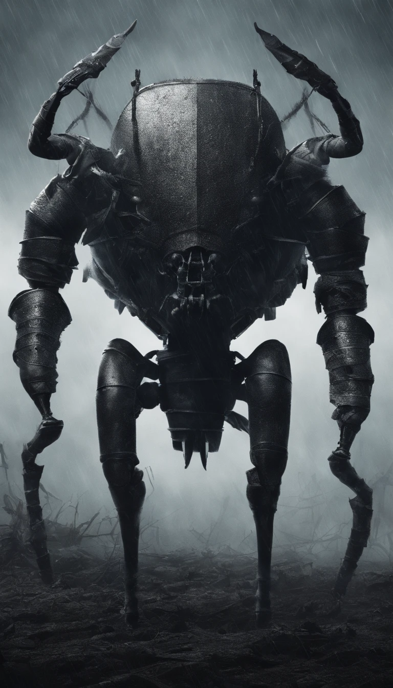 stag beetle with armor already for war battle stands 300 warriors in battle background misty raining cloudy