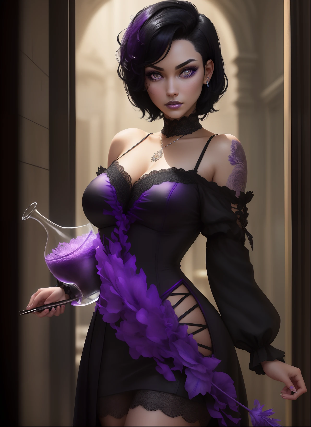 masterpiece, realistic, detailed eyes, ((black iris)), detailed pupil, beautiful, looking at the viewer, subtle lighting, depth of field, film grain, 20yo, female, solo, (massive breasts: 1.1), small neckline, ((short black hair asymmetrical undercut with purple stir)), tight dark purple dress, black goth chok...
