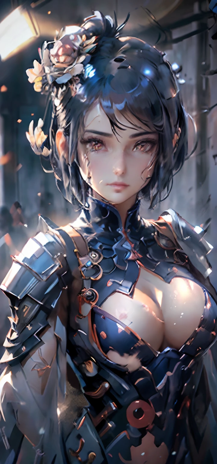 (( (tmasterpiece),(Very detailed CG Unity 8K wallpaper),best qualtiy,cinmatic lighting,细致背景,beatiful detailed eyes,Bright pupils,(Very fine and beautiful),(Beautiful and detailed eyes description),ultra - detailed,tmasterpiece,hight resolution)), Curly, Richly decorated armor, a beautiful woman warrior, (a pixie cut:1.4, A dark-haired), cleavage of the breast