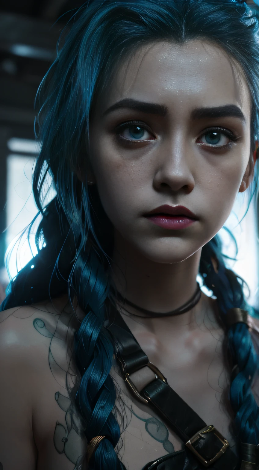 Jinx，Jinx blue hair，（Cinematic tones）（The film uses cool colors of blue and gray）（Wet clothes：1.9）,（Get wet all over your body：1.9）,Top image quality, tmasterpiece, 超高分辨率, （Fidelity：1.4）, stunningly beautiful woman, （Deeply condolences）, , dim murky lights, shadowy, Desperate, Pity, Pathetic, Cinematic, Tears, tear drop, , Real rain, wetting hair,. Surprising crying, Clear white skin,  There are scratches everywhere, Dirty face,  White skin,  Smooth skin, Surprisingly realistic pictures, 8K high quality medium dark illumination, High detail, Detail Eye, Detal Face, nude