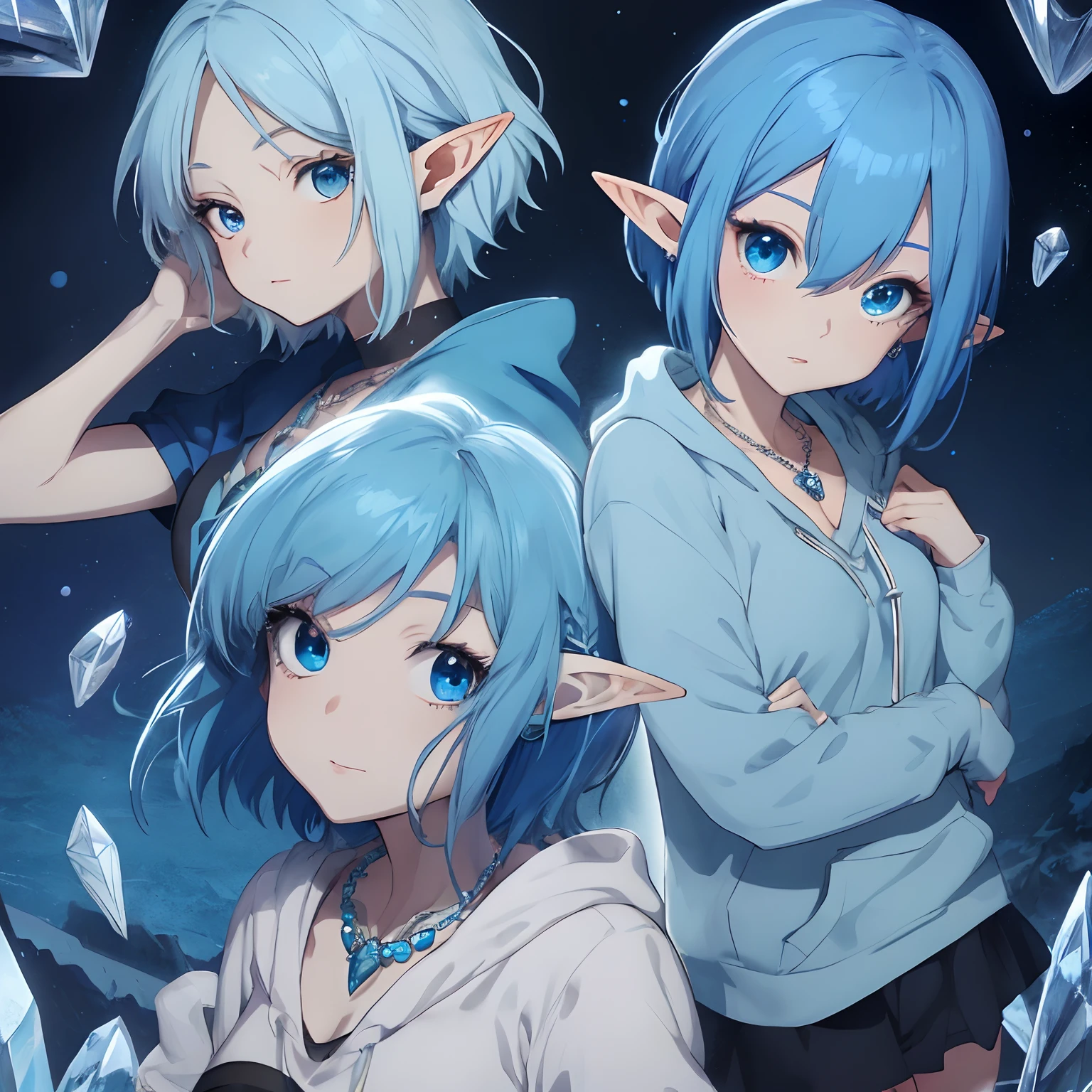 elf with blue hair, blue eyes, crystal necklace, blue hoodie,short straight hair 4k anime