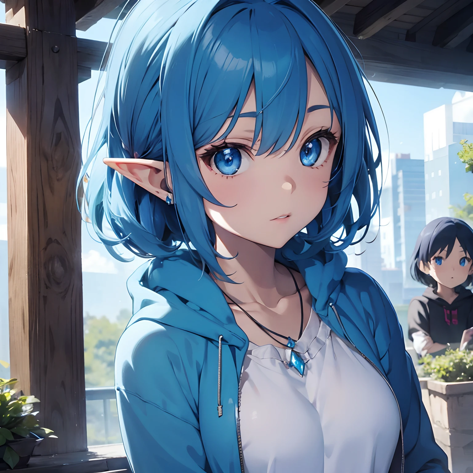 elf with blue hair, blue eyes, crystal necklace, blue hoodie,short straight hair 4k anime