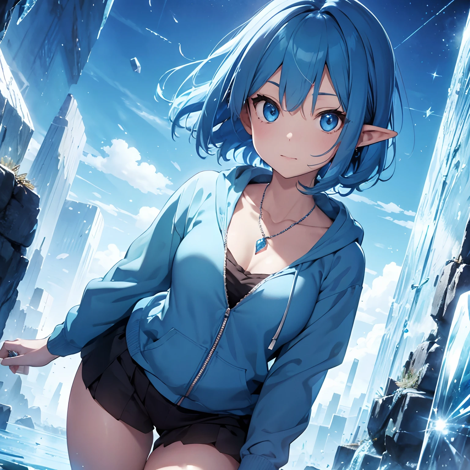 elf with blue hair, blue eyes, crystal necklace, blue hoodie,short straight hair,Sitting, taking off her pantyhose 4k anime