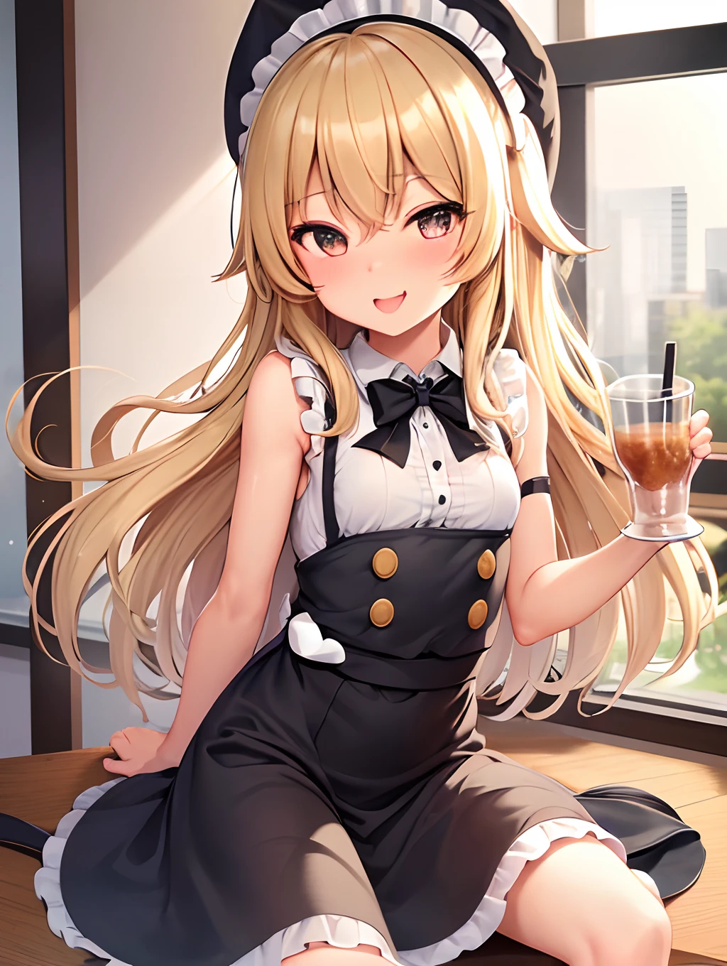 Best Quality, kirisame marisa, petite body, Wink, Thunderleg, Sip tea in a casual café, Sparkling eyes, small tits, kawaii