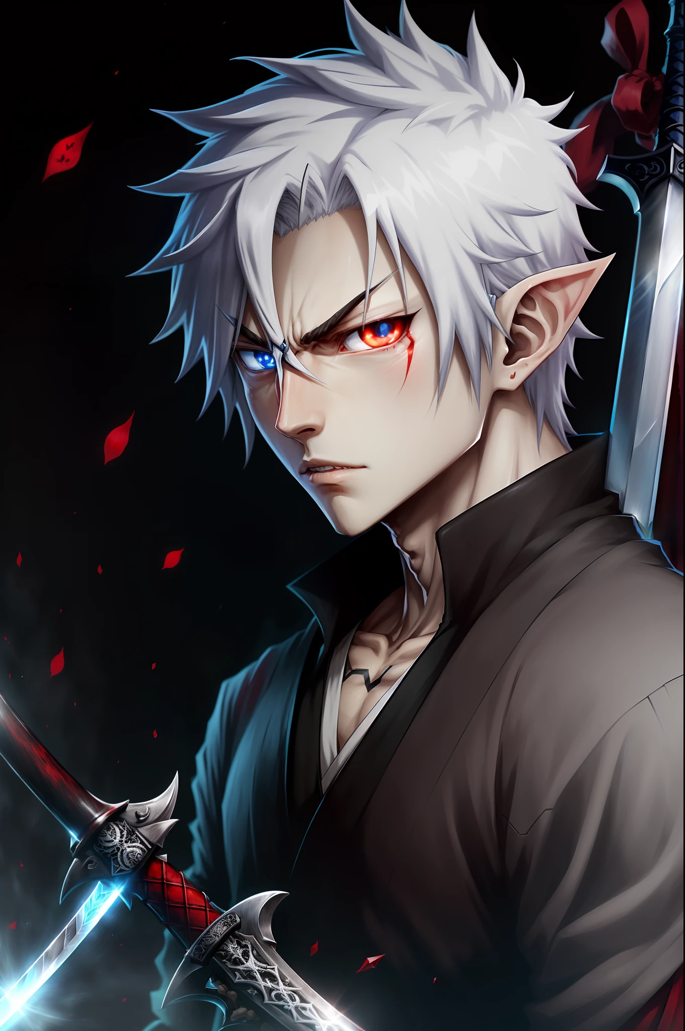 Anime,Dark Elf,mini crossbow on the left arm,1.75 sword Two-handed (Ichigo Kurosaki's zanpakutou)(He only has a sword), he is 1.78 tall, Pale skin like a vampire , He has white, very short, almost shaved hair. , His eyes are entirely white (he has no pupils) He has pointy ears