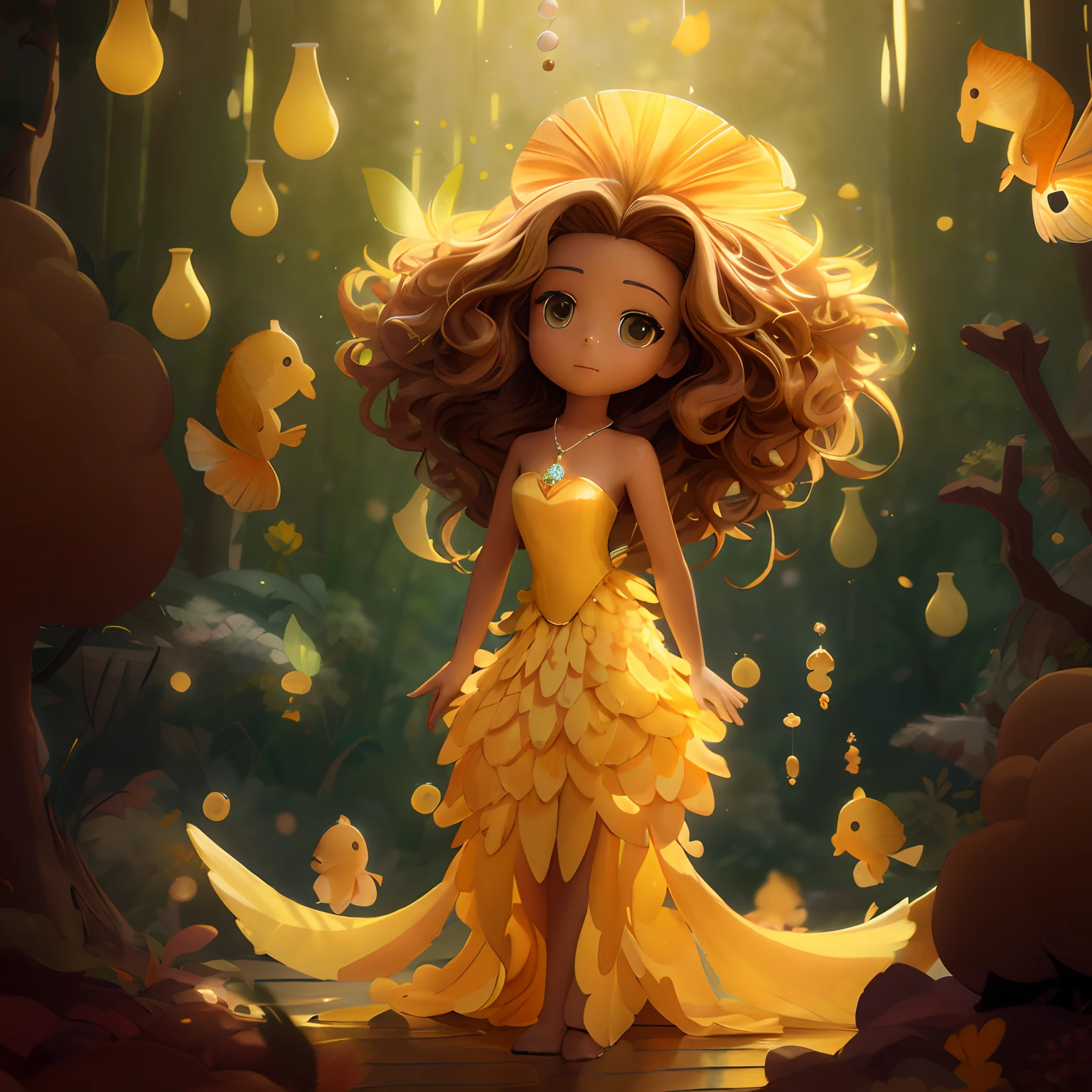 Disney princess in yellow dress standing in a forest with fish, Arte infantil em Artstation, painting digital adorable, arte digital detalhada bonito, 3 d render stylized, Beautiful digital illustration, stunning digital illustration, a beautiful artwork illustration, bela arte digital, epic 3 d oshun, Loish |, Atey Ghailan 8 K, rossdraws global illumination