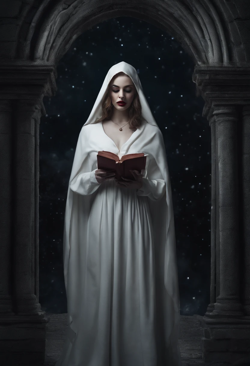 a picture of an exquisite beautiful female (nun: 1.3) vampire standing under the starry night sky on the porch of her monastary, full body, dynamic angle (ultra detailed, Masterpiece, best quality), ultra detailed face (ultra detailed, Masterpiece, best quality), ultra feminine, (pale skin: 1.3), red hair, wavy hair, dynamic eyes color, cold eyes, glowing eyes, intense eyes, dark red lips, [fangs], wearing white nun habit (ultra detailed, Masterpiece, best quality), wearing blue cloak (ultra detailed, Masterpiece, best quality), long cloak, flowing cloak (ultra detailed, Masterpiece, best quality), wearing high heeled boots, sky full of stars background, moon, bats flying about, high details, best quality, 8k, [ultra detailed], masterpiece, best quality, (ultra detailed), full body, ultra wide shot, photorealism, dark fantasy art, dark fantasy art, gothic art, many stars, dark fantasy art, gothic art, sense of dread, bloodmagic