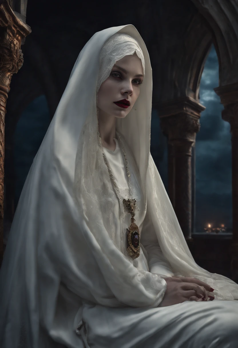 a picture of an exquisite beautiful female (nun: 1.3) vampire standing under the starry night sky on the porch of her monastary, full body, dynamic angle (ultra detailed, Masterpiece, best quality), ultra detailed face (ultra detailed, Masterpiece, best quality), ultra feminine, (pale skin: 1.3), red hair, wavy hair, dynamic eyes color, cold eyes, glowing eyes, intense eyes, dark red lips, [fangs], wearing white nun habit (ultra detailed, Masterpiece, best quality), wearing blue cloak (ultra detailed, Masterpiece, best quality), long cloak, flowing cloak (ultra detailed, Masterpiece, best quality), wearing high heeled boots, sky full of stars background, moon, bats flying about, high details, best quality, 8k, [ultra detailed], masterpiece, best quality, (ultra detailed), full body, ultra wide shot, photorealism, dark fantasy art, dark fantasy art, gothic art, many stars, dark fantasy art, gothic art, sense of dread, bloodmagic