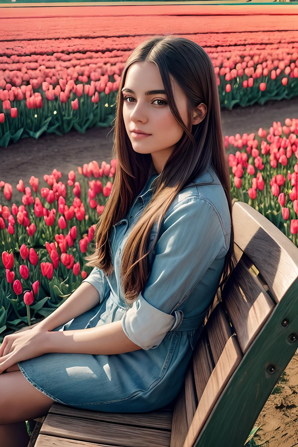 Highly detailed landscape, beautiful and stunning tulip field, young woman, long flowing hair, sitting on a bench, admiring the tulips, symmetrical face, symmetrical eyes, photography, photorealistic, soft pastel colours, highly detailed, intricate, path tracing, illustration, insanely detailed, cinematic lighting