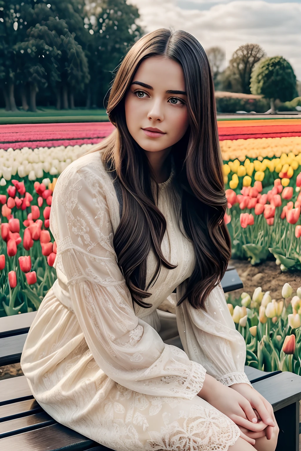 Highly detailed landscape, beautiful and stunning tulip field, young woman, long flowing hair, sitting on a bench, admiring the tulips, symmetrical face, symmetrical eyes, photography, photorealistic, soft pastel colours, highly detailed, intricate, path tracing, illustration, insanely detailed, cinematic lighting