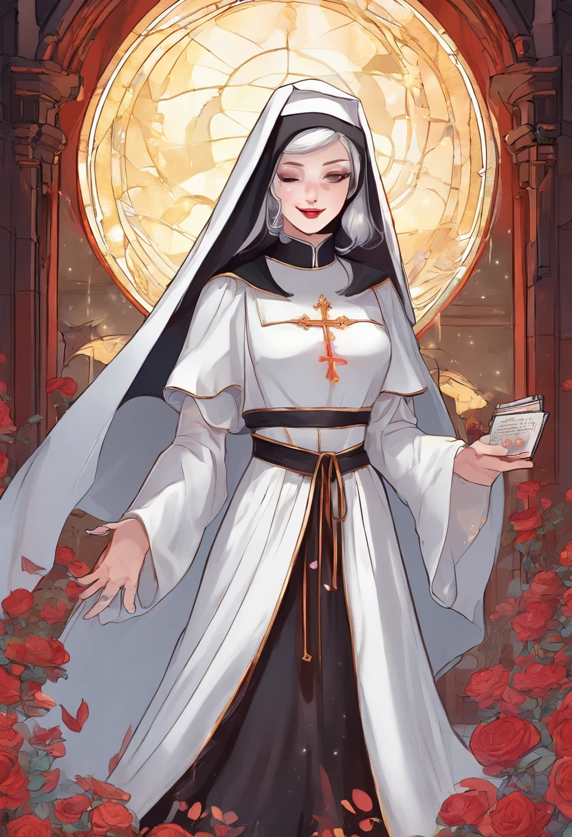 a picture of an exquisite beautiful female (nun: 1.3) vampire standing under the starry night sky on the porch of her monastary, full body, dynamic angle (ultra detailed, Masterpiece, best quality), ultra detailed face (ultra detailed, Masterpiece, best quality), ultra feminine, (pale skin: 1.3), red hair, wavy hair, dynamic eyes color, cold eyes, glowing eyes, intense eyes, dark red lips, [fangs], wearing white nun habit (ultra detailed, Masterpiece, best quality), wearing blue cloak (ultra detailed, Masterpiece, best quality), long cloak, flowing cloak (ultra detailed, Masterpiece, best quality), wearing high heeled boots, sky full of stars background, moon, bats flying about, high details, best quality, 8k, [ultra detailed], masterpiece, best quality, (ultra detailed), full body, ultra wide shot, photorealism, dark fantasy art, dark fantasy art, gothic art, many stars, dark fantasy art, gothic art, sense of dread, bloodmagic