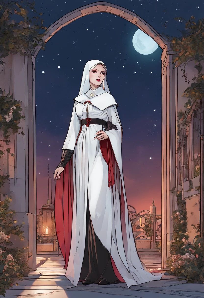 a picture of an exquisite beautiful female (nun: 1.3) vampire standing under the starry night sky on the porch of her monastary, full body, dynamic angle (ultra detailed, Masterpiece, best quality), ultra detailed face (ultra detailed, Masterpiece, best quality), ultra feminine, (pale skin: 1.3), red hair, wavy hair, dynamic eyes color, cold eyes, glowing eyes, intense eyes, dark red lips, [fangs], wearing white nun habit (ultra detailed, Masterpiece, best quality), wearing blue cloak (ultra detailed, Masterpiece, best quality), long cloak, flowing cloak (ultra detailed, Masterpiece, best quality), wearing high heeled boots, sky full of stars background, moon, bats flying about, high details, best quality, 8k, [ultra detailed], masterpiece, best quality, (ultra detailed), full body, ultra wide shot, photorealism, dark fantasy art, dark fantasy art, gothic art, many stars, dark fantasy art, gothic art, sense of dread, bloodmagic